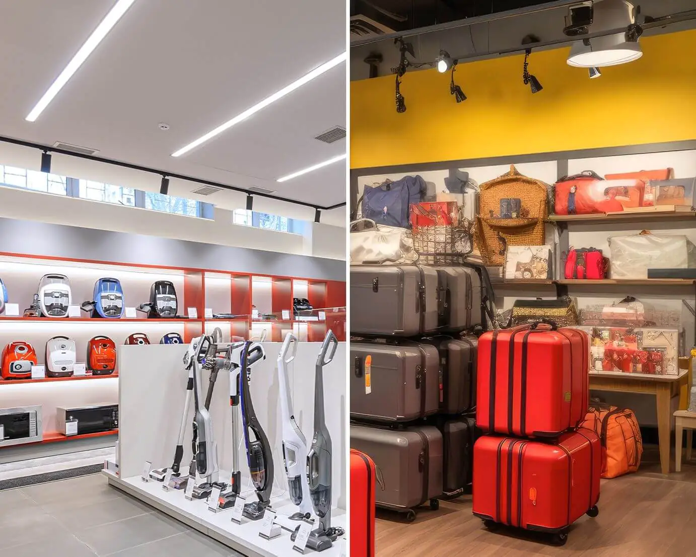 Elektrofachhandel (AdobeStock/starush), Gepäckstücke im Geschäft (AdobeStock/didiksaputra),